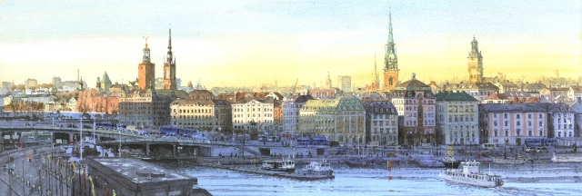 Reproducerad akvarell/giclée - Kvällssol över Gamla stan och Slussen